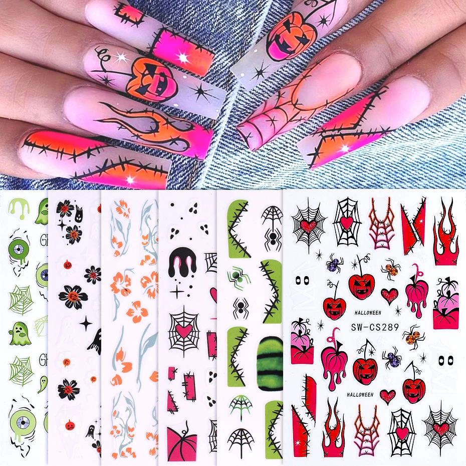 6 Stück 3D-Schädel-Halloween-Kürbis-Nagelaufkleber, selbstklebend, Spinne/Auge des bösen/Geist/Flammen-Design, Nagelaufkleber, Maniküre-Dekoration