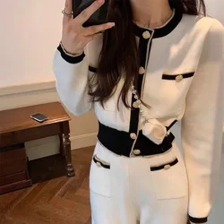 Knitted White Wide Leg Pants Suits Vintage Fall O Neck Red Cardigan Knitwear Sweaters Korean Fashion Two Piece Sets Coat