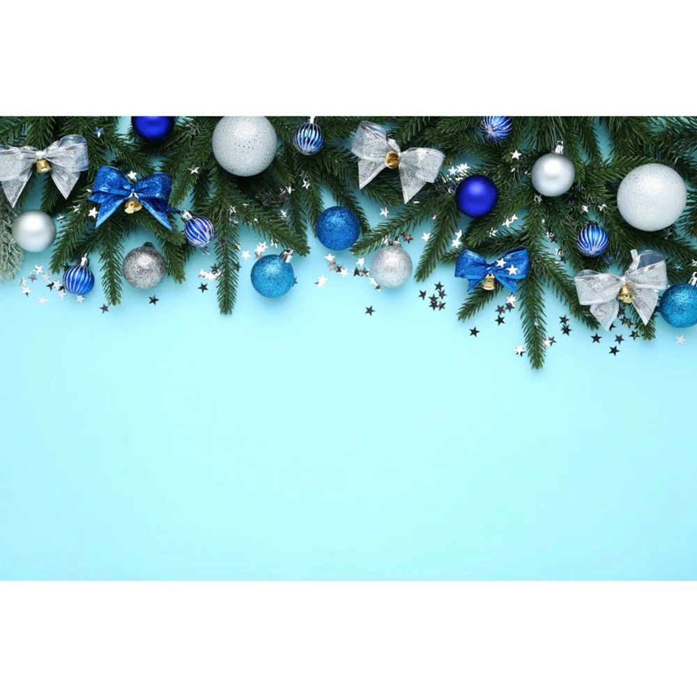 Fondos de fotografía azul con ramitas de pino y pajarita de bola de Navidad, decoración personalizada para el hogar, fiesta, fotomatón