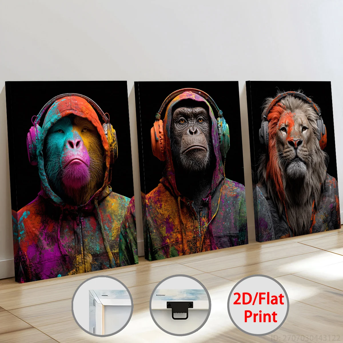 3PC Framed Canvas Painting Fashion Monkey,Chimpanzee, Lion, Animal Art, Ready to Haning Home Decor Wall Art Room Decoration Gift