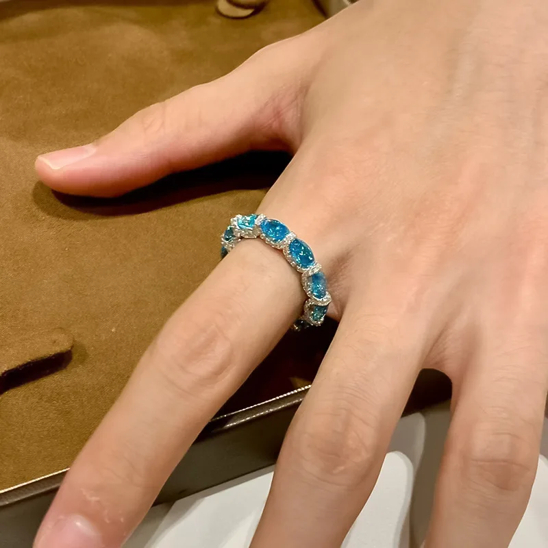 Luxury 18K white gold and platinum PT950 full diamond aquamarine 4*6 oval dove egg ring for female Mingyuan rich woman