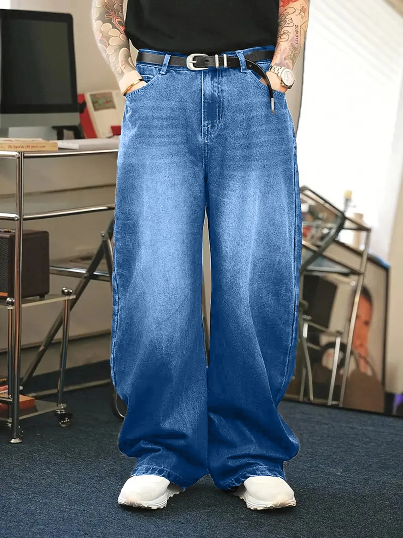 

Мужские повседневные джинсы в американском уличном стиле, свободного кроя, для повседневной носки, черные, светло-голубые, морской синий цвет, модные джинсы-фонарики в уличном стиле ретро, джинсовые брюки, джинсовые штаны.