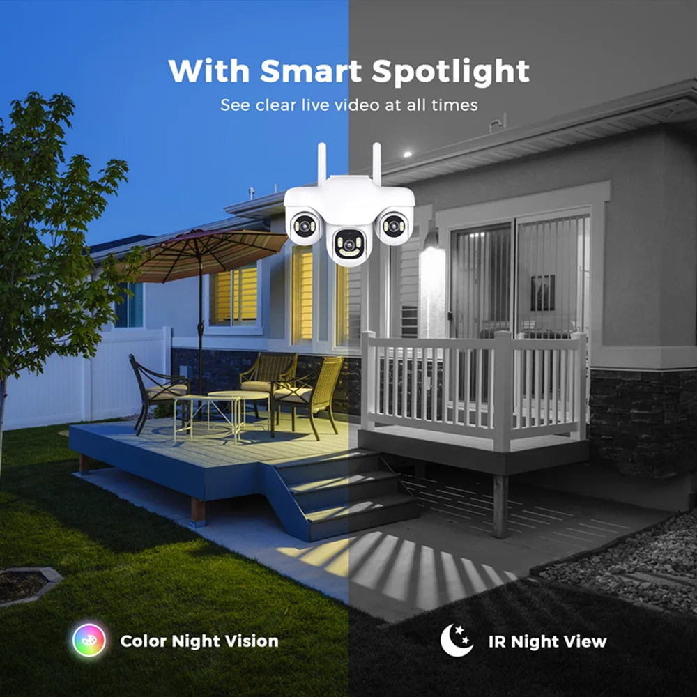 CCTV Camera 10X Zoom Three Screens V380 Pro Waterproof Outdoor Three Lens PTZ Control Home WiFi Night Vision Wireless Security