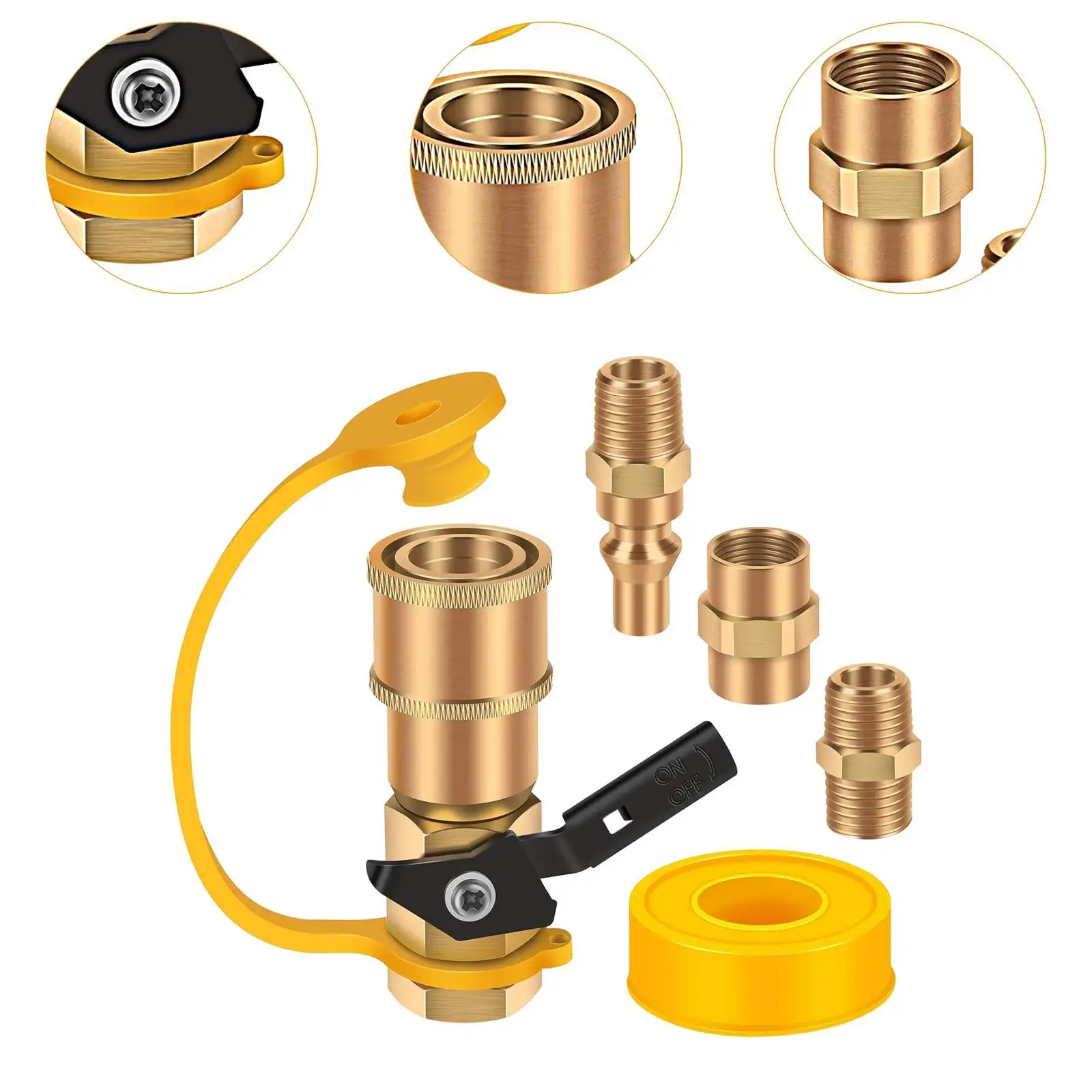 Brass Propane Quick Connect Fittings Adapter Kit with Shutoff Valve Leak Prevention for RV Campers and Grills