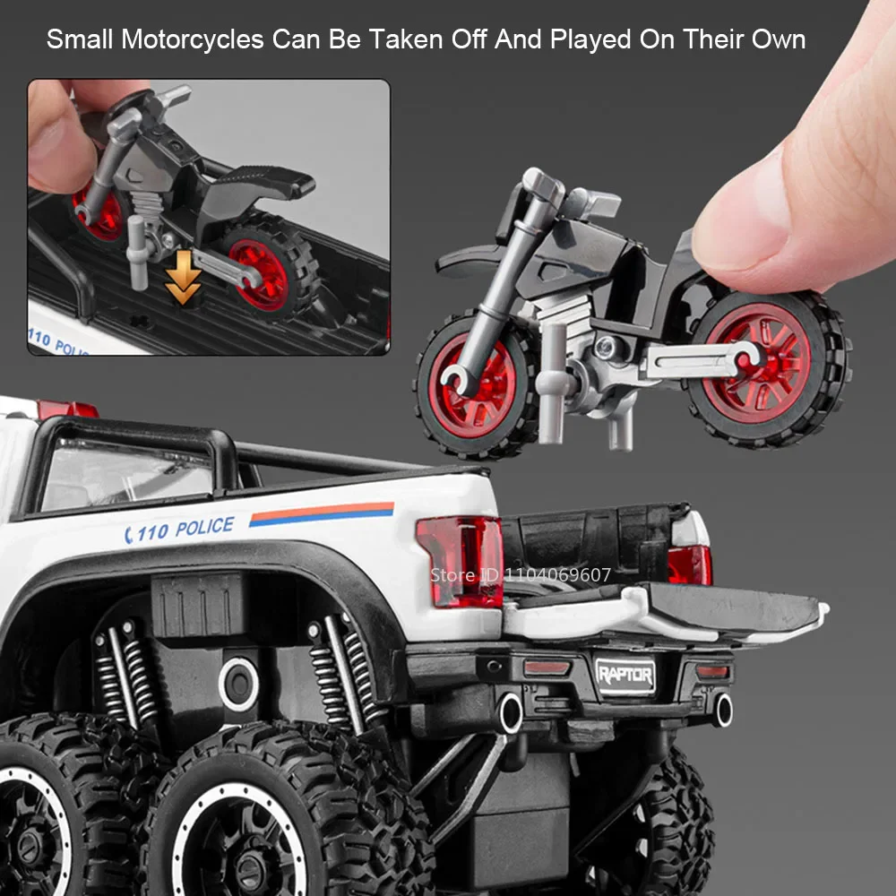 1:28 Raptor F150 Miniature Car Model Toy Alloy Diecast Off-road Vehicles Doors Opened Pull Back Sound Light for Kids Edutainment