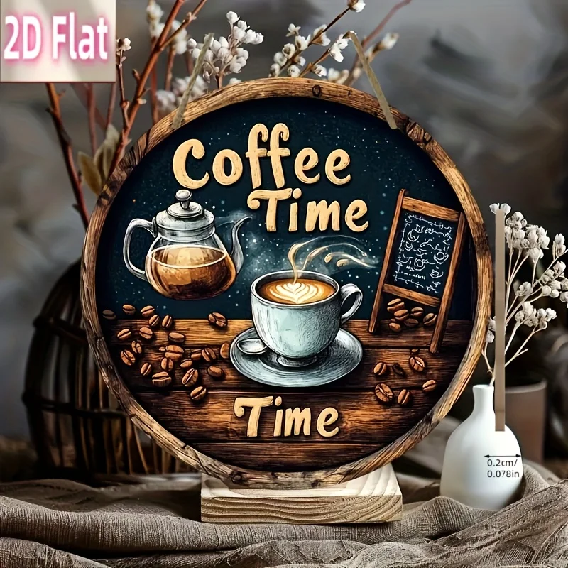 2D Flat, Vintage Coffee & Tea Time Wooden Wall Sign - Rustic