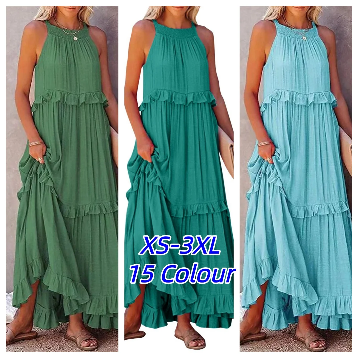 Elegante Damen-Maxikleider in Aprikose mit Rüschenkante, Sommermode, Neckholder, ärmellos, Spitzenkleid, Vestiods S-3XL