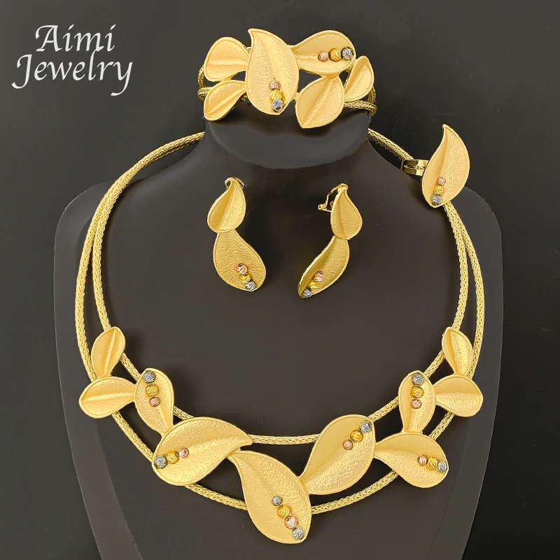 

Уникальный комплект ювелирных изделий из 18-каратного золота в Дубае для женщин, воротник, ожерелье в виде листьев, серьги, браслет, кольцо, африканский подарок для свадебной вечеринки