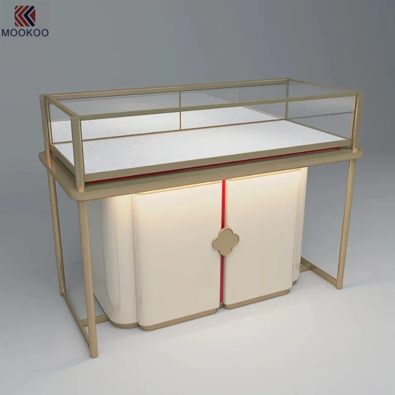 custom.Curved White Jewelry Display with Clover Handle & Red Accent | Custom 3D Design Service Luxury Retail