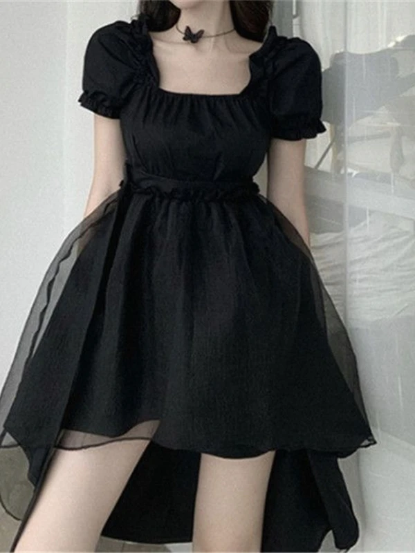 2024 Summer New Chubby Girl Plus size High Waist Slimming Puff sleeve Dress Temperament Dovetail A