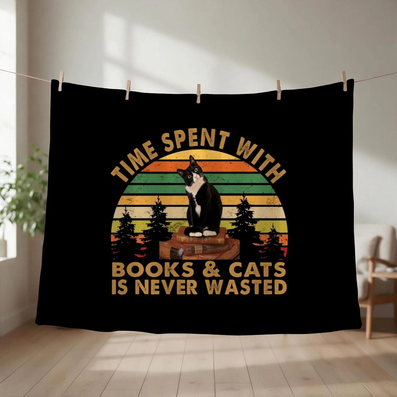 Time spent with books and cats is never wasted Vintage Throw Blanket couch cozy soft plush fuzzy picnic outdoor blanket