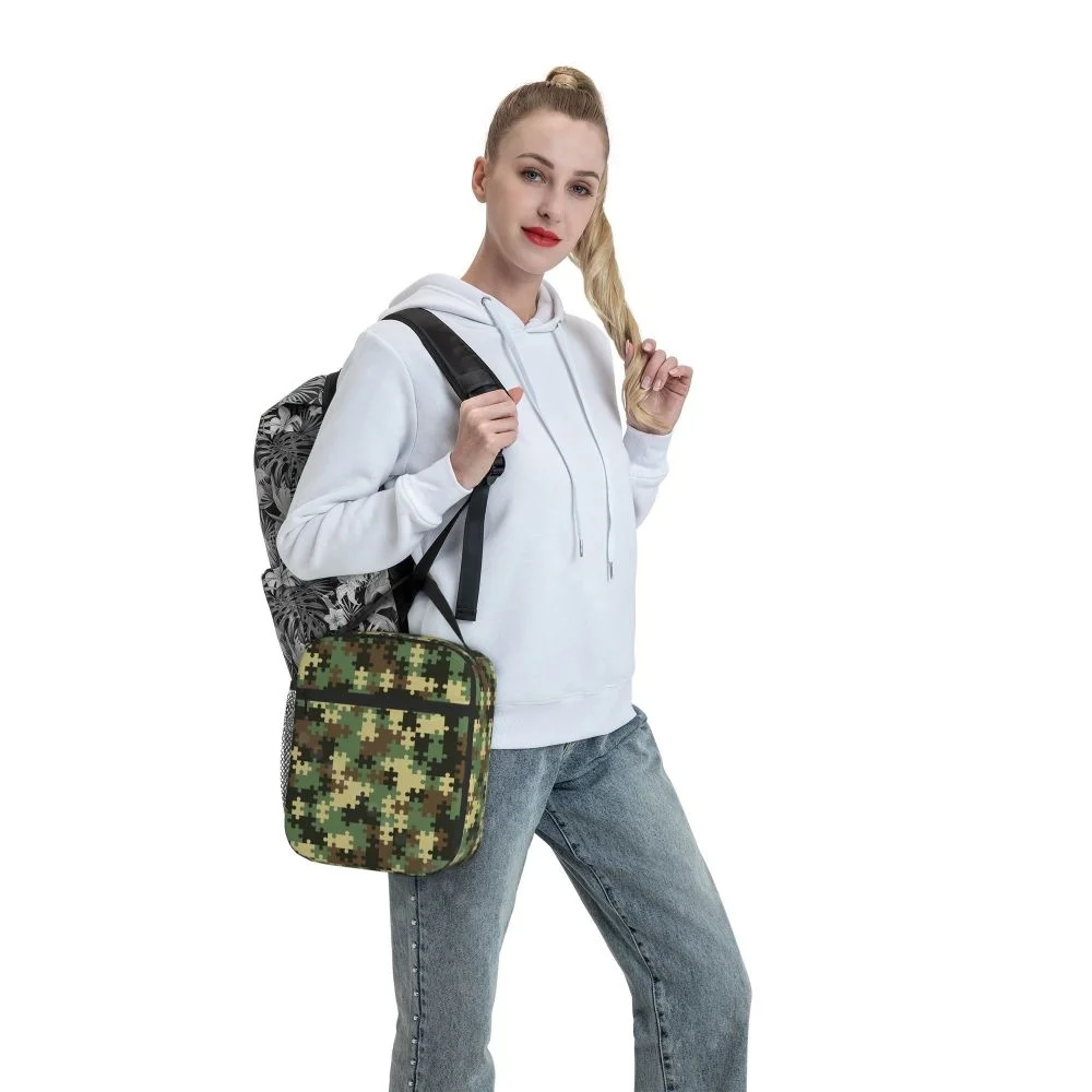 Green Camouflage Lunch Bag Reusable Portable Cooler Thermal Lunch Box Oxford Bento Tote Bag for Work Travel Picnic