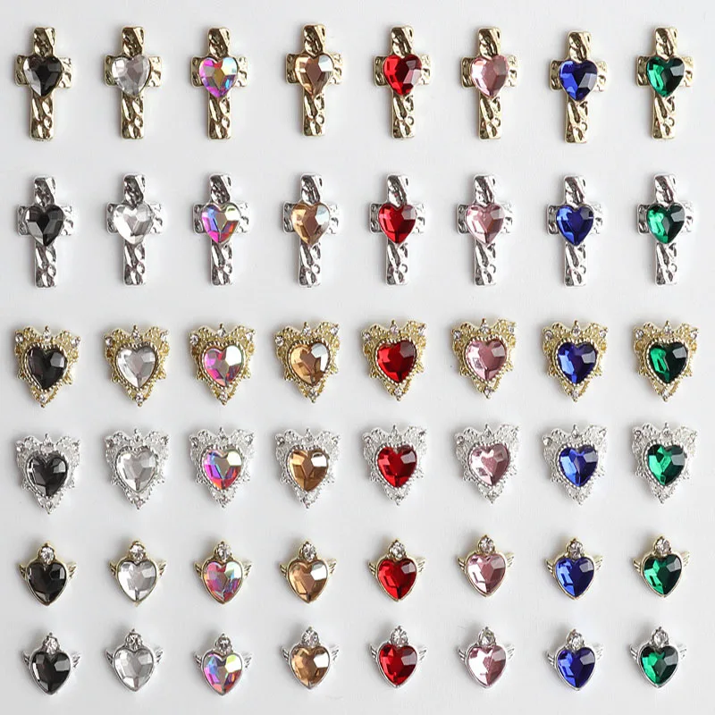 10Pcs Heart Shaped Nail Charms Jewelry 3 Different Shapes Multi-Colors Design Charms For Luxury Alloy Nails Charms Strass