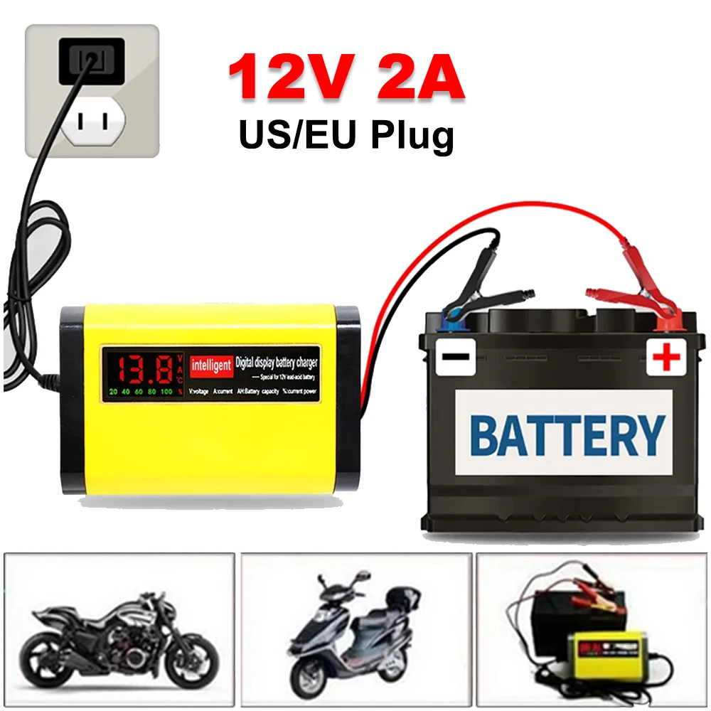 12V 2A Car Battery Charger Led Display Motorcycle Batteries Power Charge Short Circuit For 12V 12AH 14AH lead-acid Battery