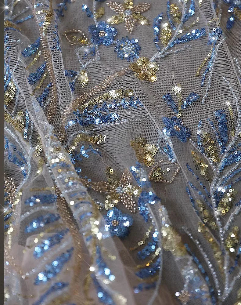 

1yard new soft mesh fabrics for clothing blue heavy industry nail bead flower embroidery telas Wedding Dress cheongsam fabric