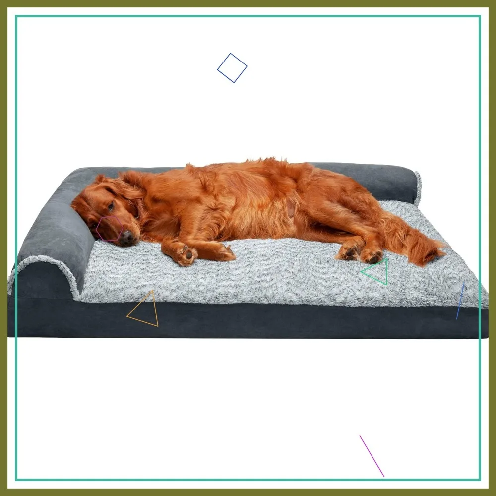 Ортопедическая L-образная кровать для собак из пены с эффектом памяти для больших домашних животных до 95 фунтов, моющийся чехол и подушечки