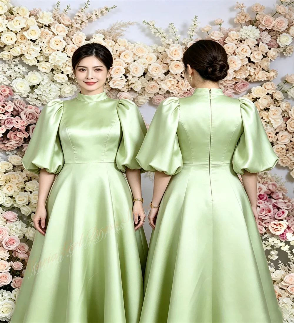 Custom Sage Green Delicate Satin Puff Sleeve Long Flower Girl Dress for Wedding Party Event Photography Birthday Evening Wear