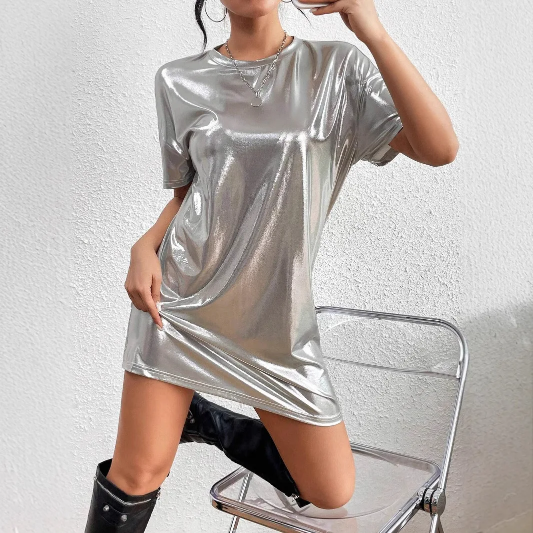 Women Shiny Glittering T-shirt Trendy Hip-hop Long Loose Bar Dance Girls Student Short-sleeved O-neck Casual Couple Tops Tees