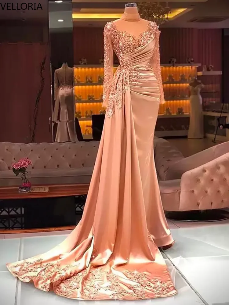 Long Sleeved High Neck Evening Dress Sparkling Sequin Satin Mermaid Gown Formal Party Ball Gown Vestdos De Fiesta Customized image 3