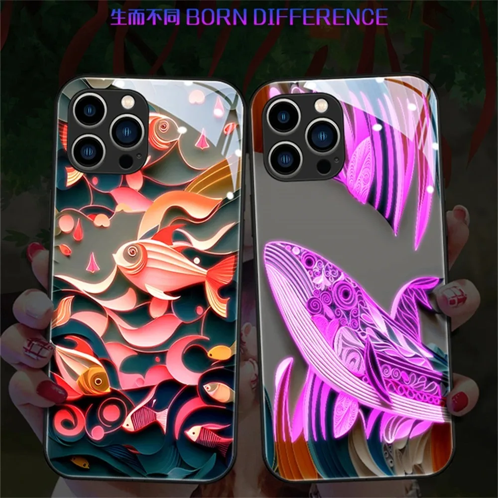 

Animal Origami Design Smart LED Light Glow Tempered Glass Phone Case For iPhone 15 14 13 12 11 Pro Max X XR XS 6 7 8 Plus SE2020