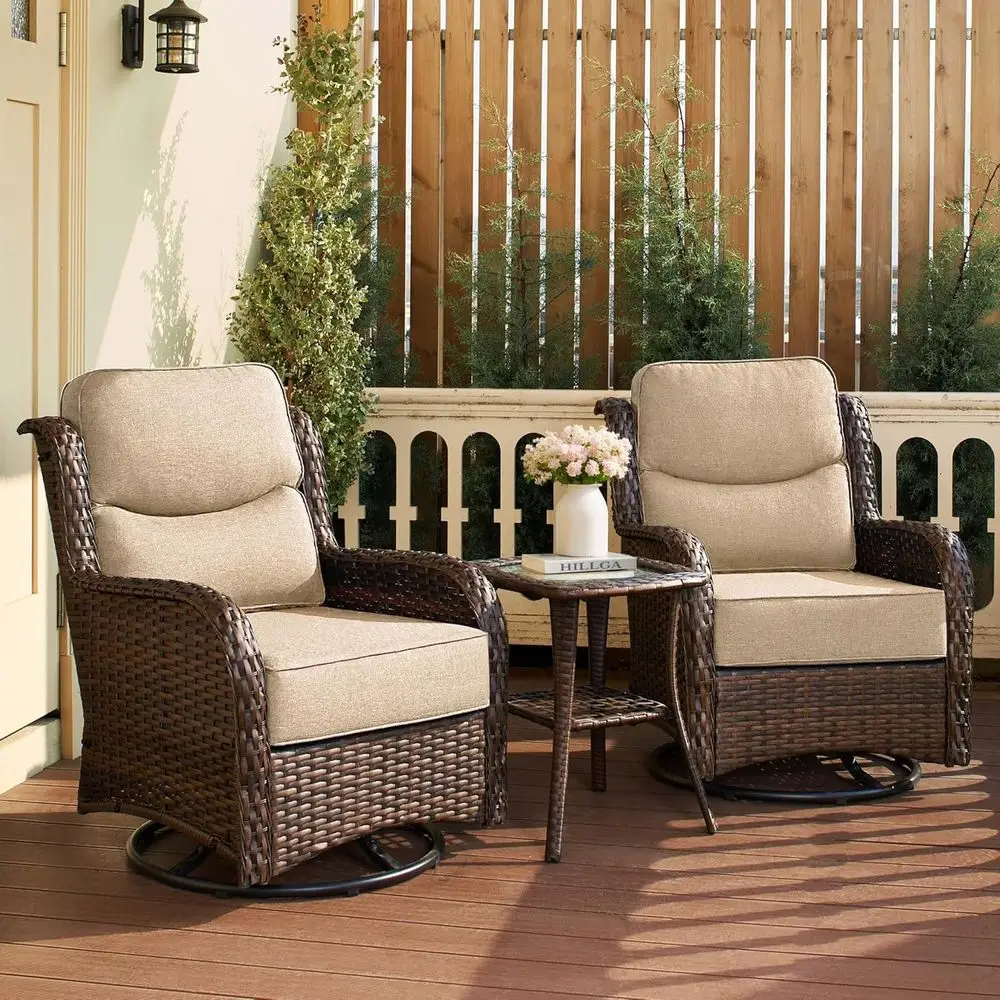 

Luxury Outdoor Patio urniture Set with 6-Inch Thick Cushions, High Back Wicker Swivel Rocker Chairs, 3 Pcs All Weather Chairs Se