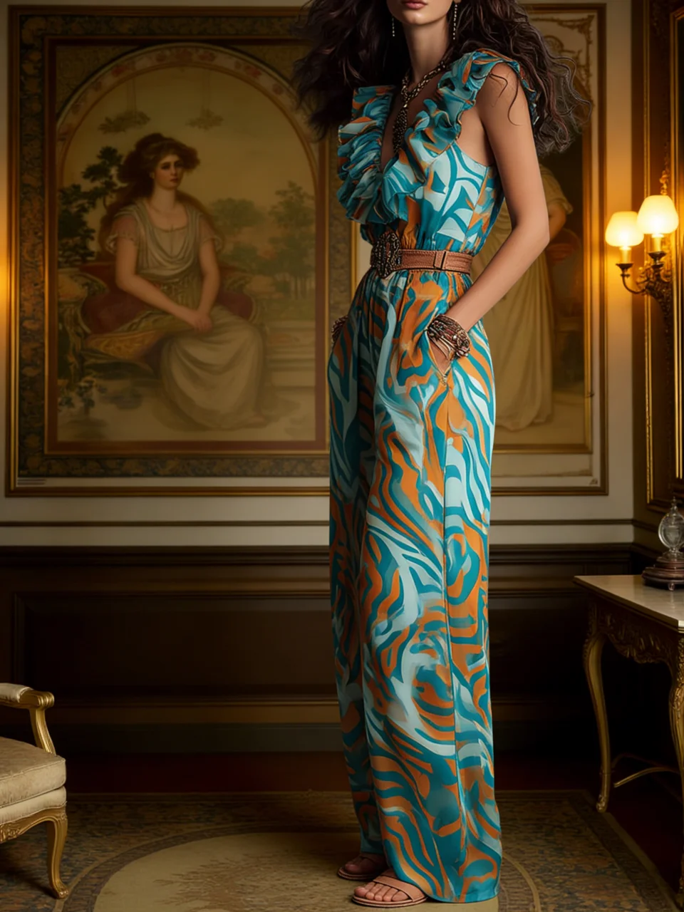 Womens Wide Leg Jumpsuit Teal Orange Marble Print Sleeveless Ruffle Trim V Neck Overall Bohemian Flowy Pantsuit For Vacation Daily Wear