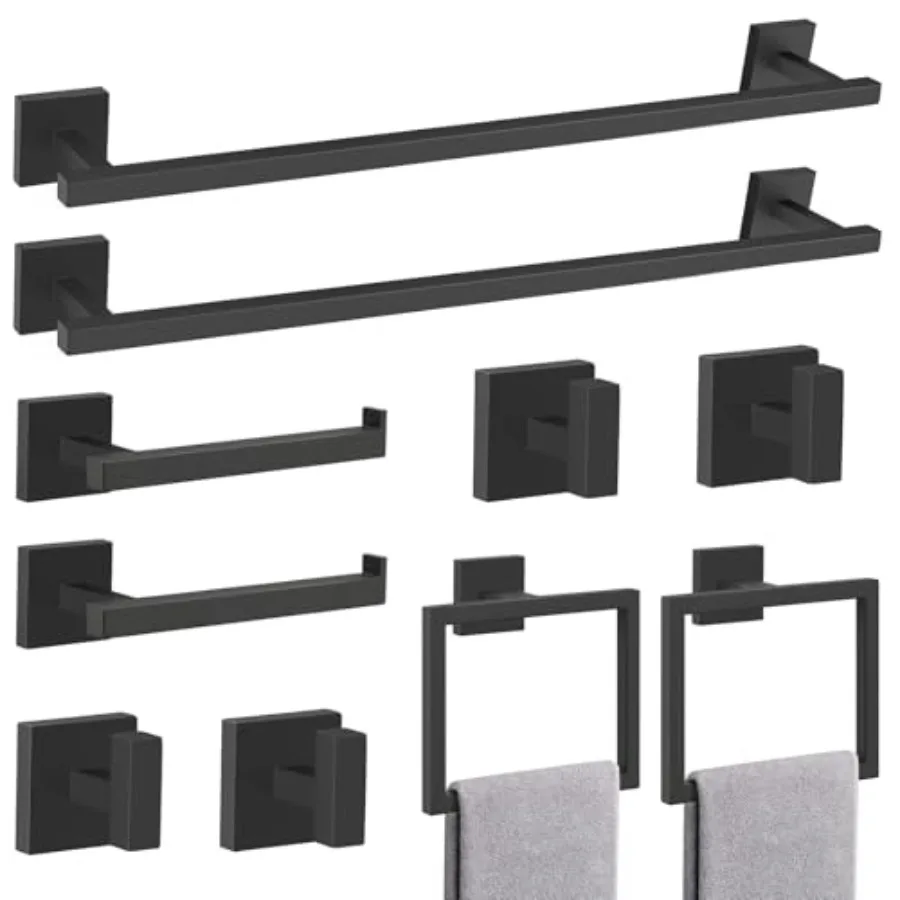 

Bathroom hardware set: matte black, SUS304 stainless steel, 10-piece wall-mounted accessories including towel bar, ring, toilet
