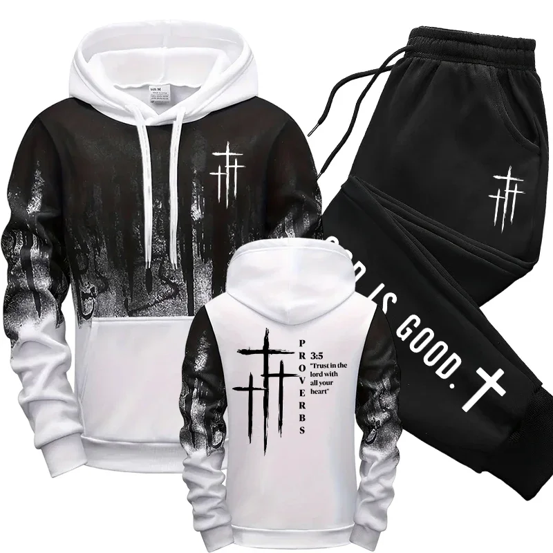 

Jesus Christ Fashion Men's Set Hooded Sweatshirt and Sweatpants Autumn Winter Daily Casual Sports Jogging Suit Hoodie Outfits