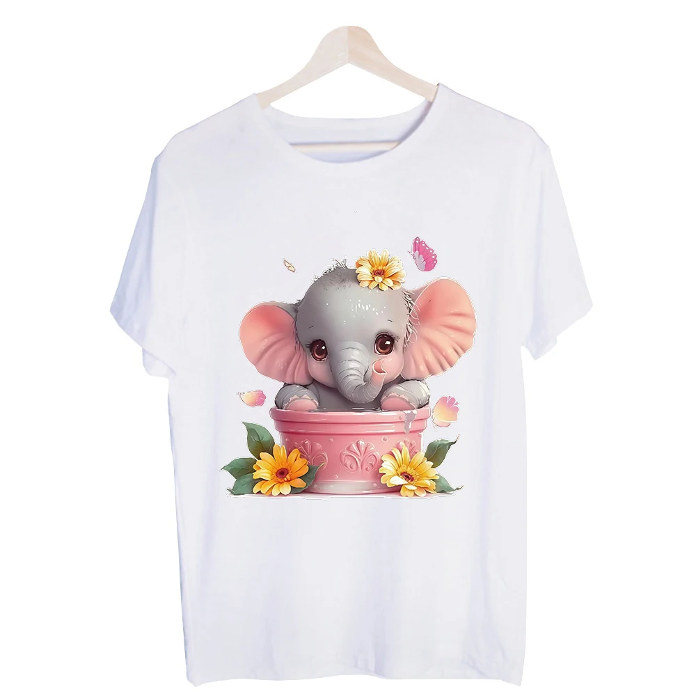 Women's Cute Elephant in Flower Pot Graphic Tee, Short Sleeve Casual T-Shirt for Summer Outfits and Daily Wear