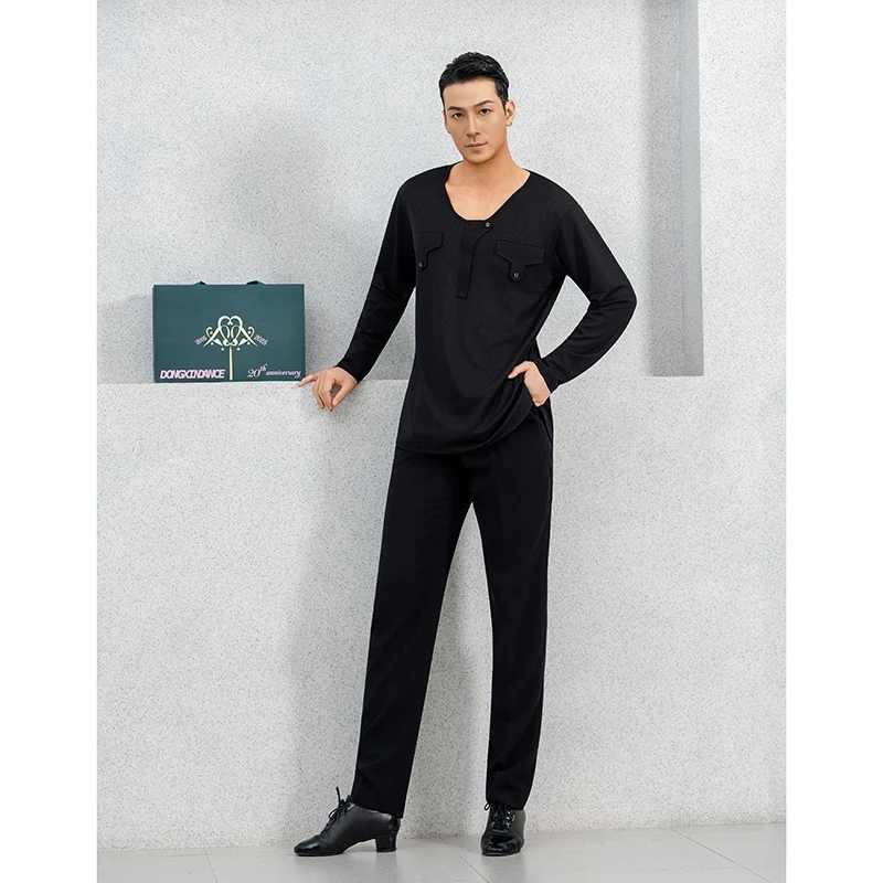 Costumes de danse modernes pour hommes, haut de danse latine noir à manches longues, vêtements de danse latine Samba Chacha pour adultes, costume d'entraînement DQL11831