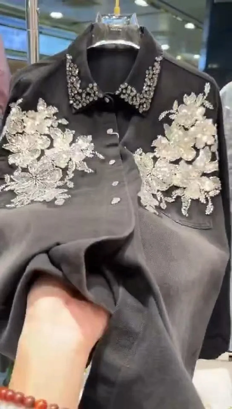 ใหม่ในฤดูใบไม้ผลิฤดูใบไม้ร่วง 2025 Sparkle SequinsเพชรStitchความยาวกลางY2K Denimเสื้อและเสื้อสําหรับสตรีแฟชั่นTops blusas