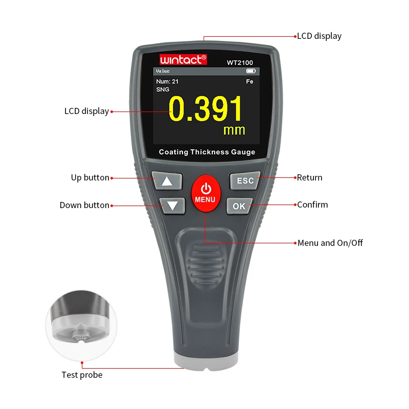 Medidor de espesor de película de revestimiento de coche de precisión wt2100, pantalla LCD, medidor de recubrimiento de espesor de mano, instrumento de medición Manual, 5 piezas
