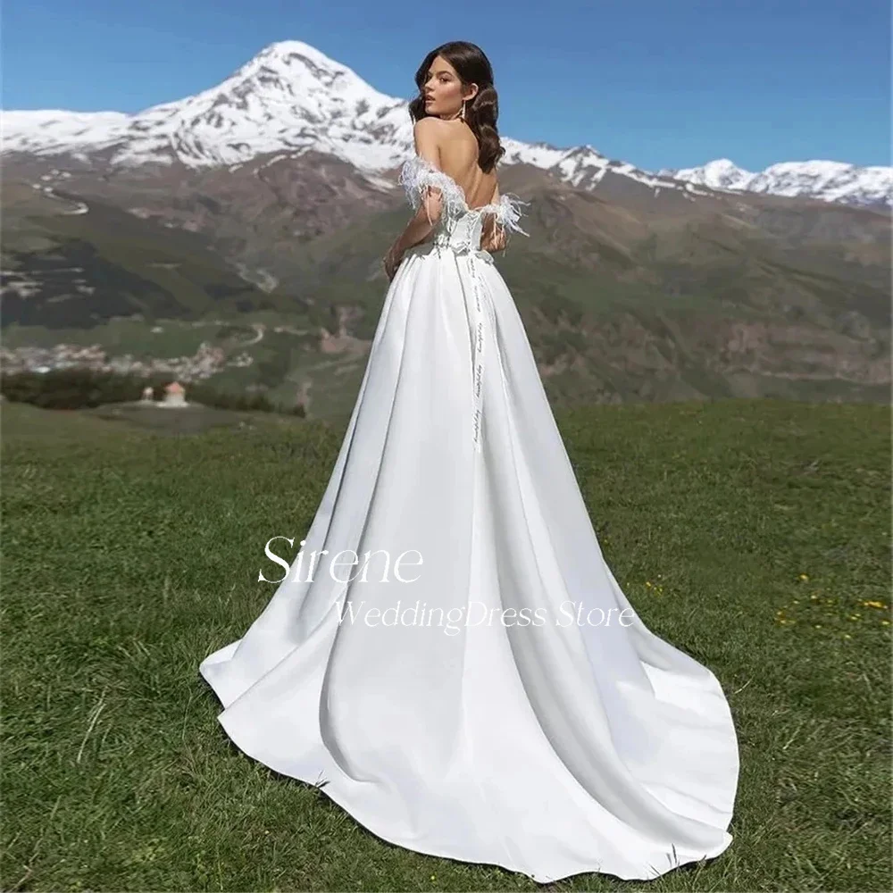 Sirene-vestido De Novia blanco con hombros descubiertos, traje De Novia sencillo con plumas, línea A, largo hasta el suelo, Espalda descubierta, 2024