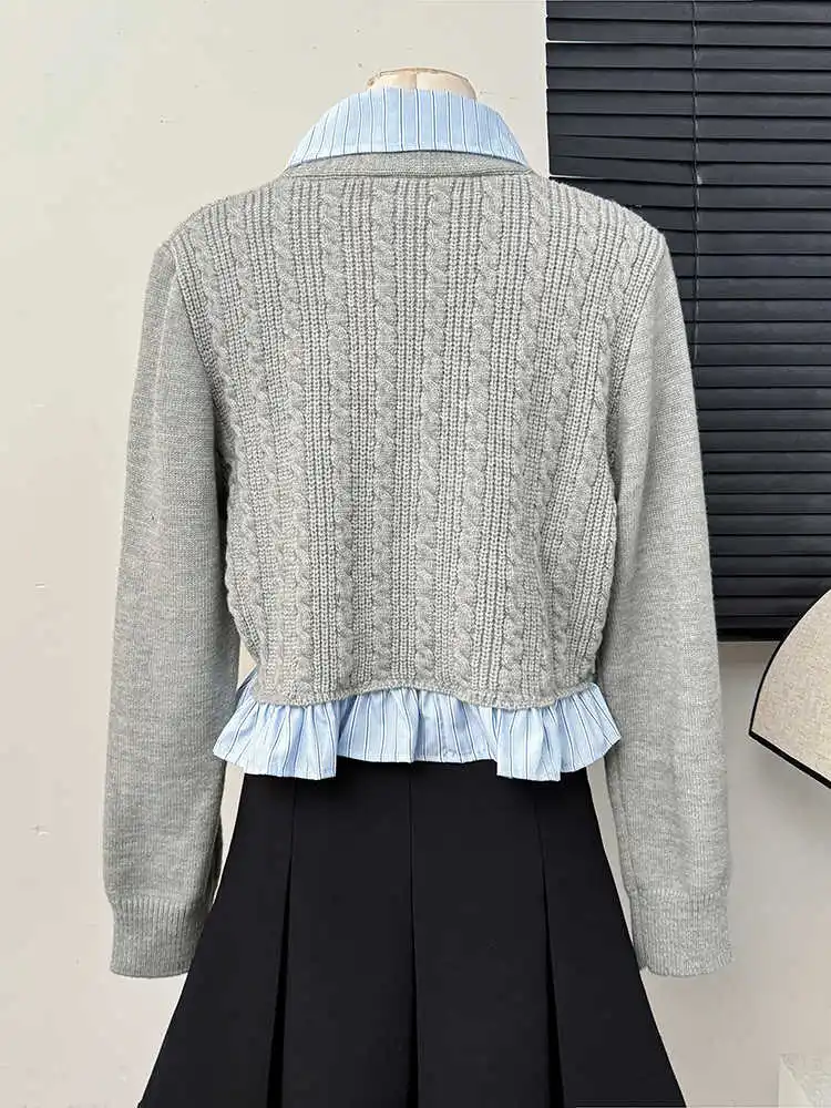 Vintage Preppy Style Women Knitwear 2024 Autumn Korean Fake Two-piece Contrast Color Sweater Lady Commuter Tops