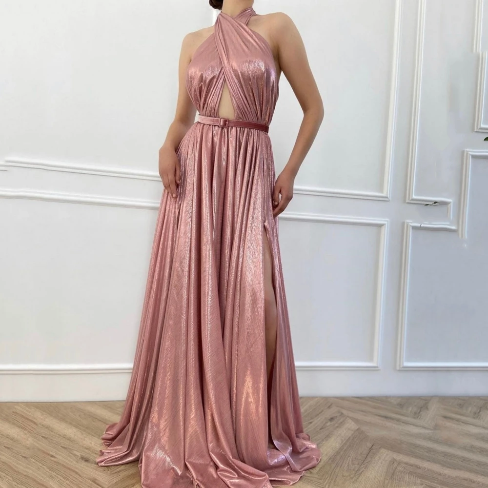 

Prom Dress For Women Elegant Halter Backless Floor Length Applique Evening Gowns With Belt Sparkle Party Dresses فساتين السهرة