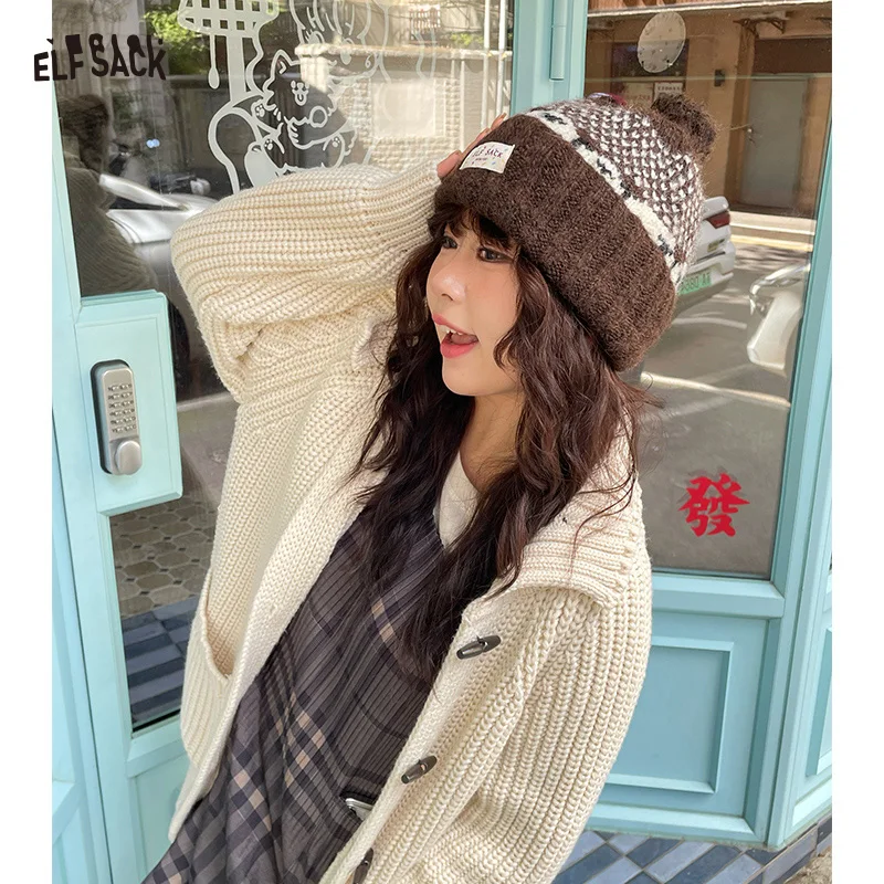 ELFSACK Casual Fair Isle Style Sheep Pattern Pom Pom Knit Beanie For Women