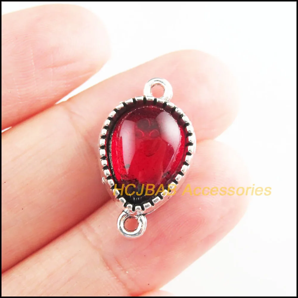 8Pcs Tibetan Silver Tone Flower Teardrop Red Glaze Charms Connectors 13x23mm HCJBAB