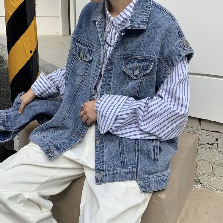 Jean destacável jaqueta de manga longa oversized harajuku denim roupas masculinas moda coreano topos primavera outono feminino