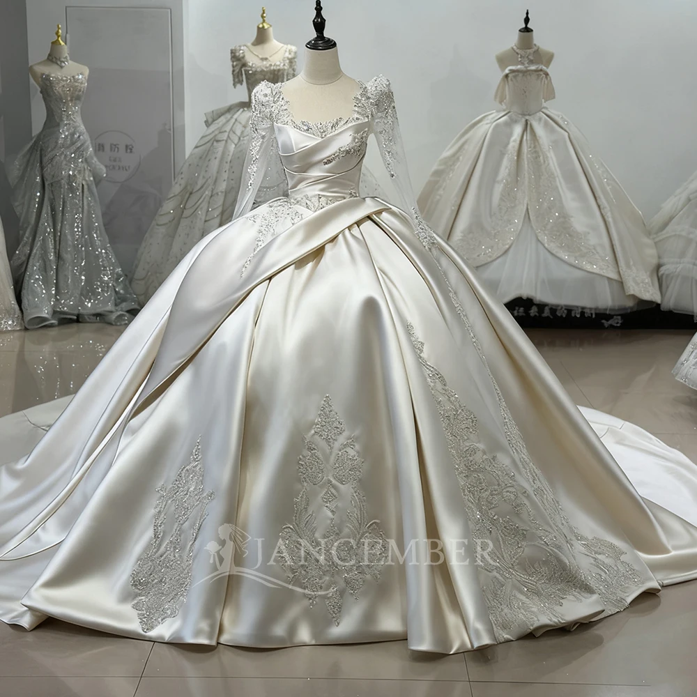 

Long Sleeve 2026 Elegant Wedding Dress For Bride Satin Square Collar Princess Ball Gowns vestidos de novia boda Customized