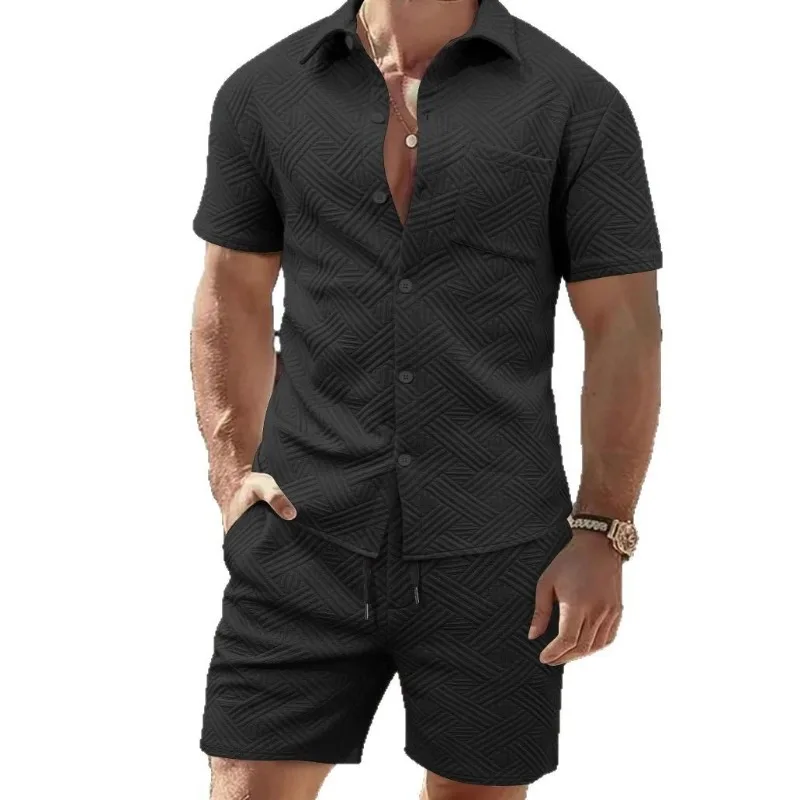 

Men's Summer Geometric Textured Short Sleeve Shirt Drawstring Shorts Set Casual Loose Fashion Outfit