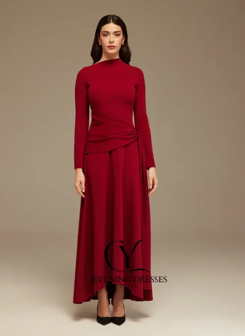 فساتين CUYUN أنيقة بأكمام طويلة لحفلات الزفاف للضيوف أرجواني كريب ثنيات غير متماثلة ورقبة غير متماثلة فستان ماكسي مخصص للحفلات 2026