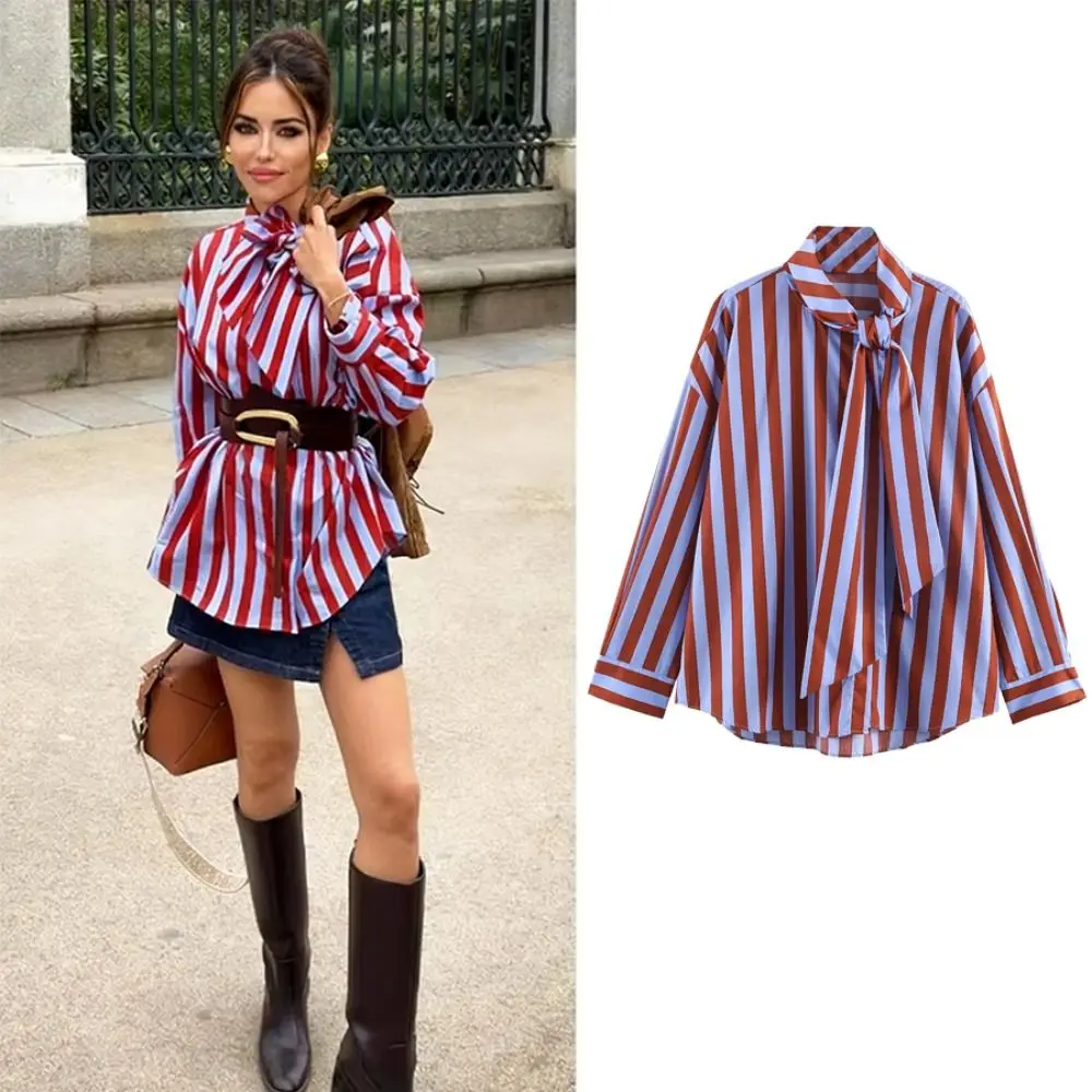 

Loose Fit Women Blouse Single Breasted Simple Design Casual Top Contrasting Striped Comfortabl Striped Shirt Casual Occasion