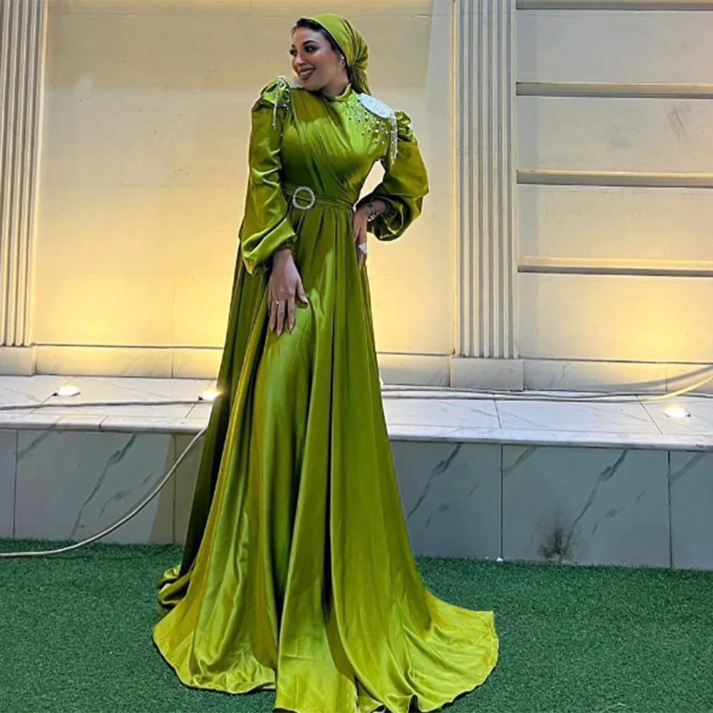 

Customized Mermaid Prom Dresses Floor-Length High-Neck Full Sleeve Evening Gown Fashion Beading Crystal Simple Draped Party Gown