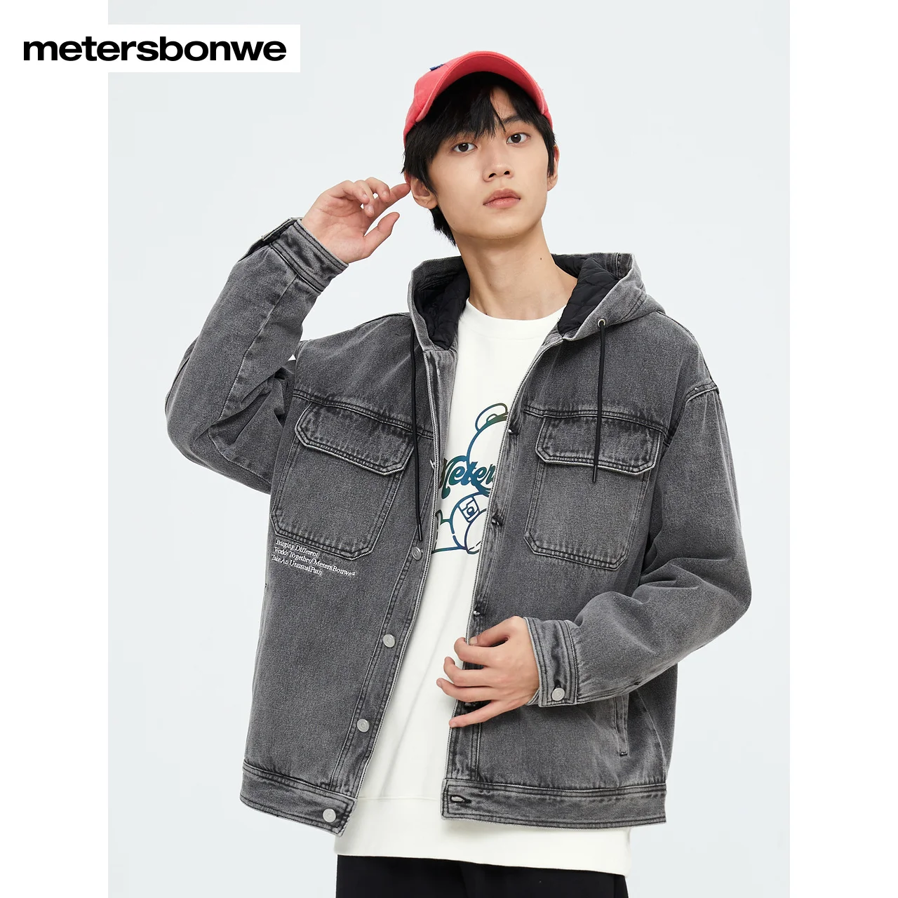 Metersbonwe-Men's Denim Hooded Cotton-Padded Jackets Pure Color Youth Casual Coats Teenage Outerwear Spring Autumn Winter