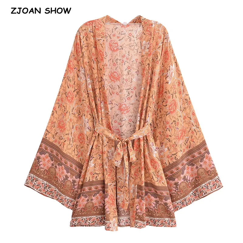 BOHO Women Light Orange Flower Print Kimono Cardigan Holiday Tide Bow Sashes Mid Long Shirt Loose Blouse Beach Cape