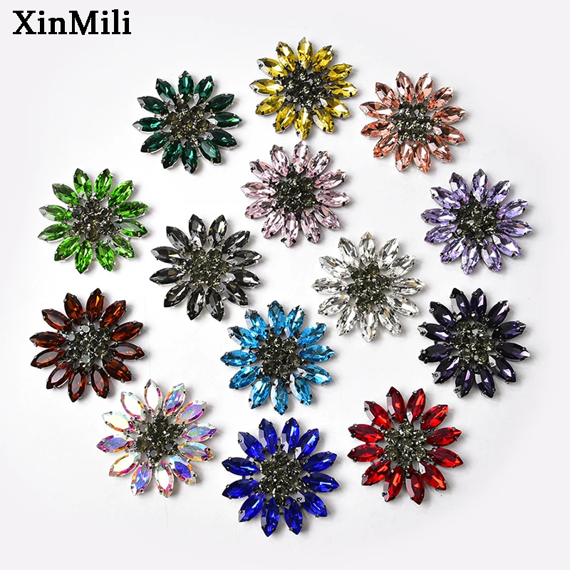 2Pcs 48mm Colorful Horse Eye Shape Glass Crystal Trim Applique Flat Back Rhinestone Daisy Flower Button Diy Wedding Dress Shoes