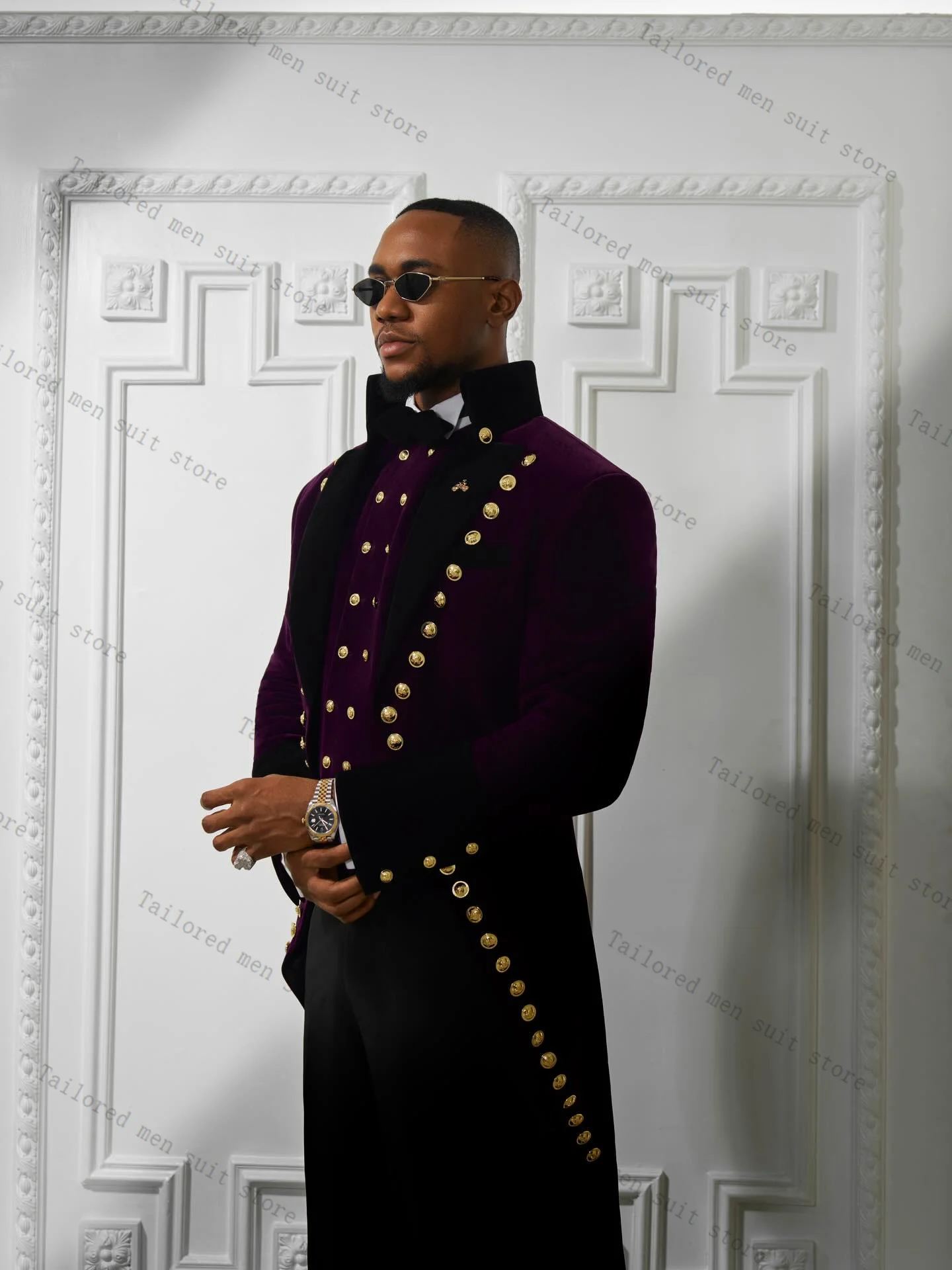 Purple Men Suits Pants Set 2 Pcs Hi-Lo Blazer+Trousers Golden Buttons Wedding Tuxedos Prom Jacket Formal Office Business Coat