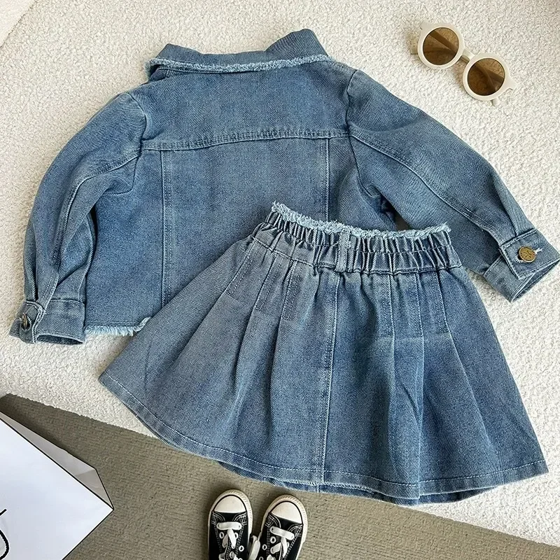 

Baby Girl Retro Cotton Denim Jacket Set 18M-9Y Children's Spring and Autumn Baby Skirt Two-piece Set