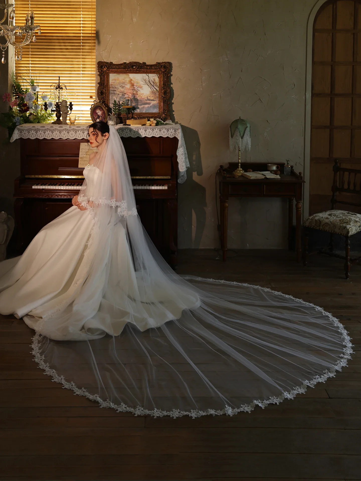 Custom Bride Headwear White Ivory Double Layer Lace Train Wedding Photography Ceremony Bridal Veil Wedding Dress Accessory