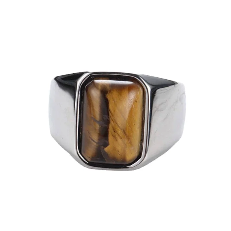 Achezon Classic Square Natural Tiger Eye Rings for Men Male Simple Vintage Stainless Steel Wedding Bands Jewelry Accessories